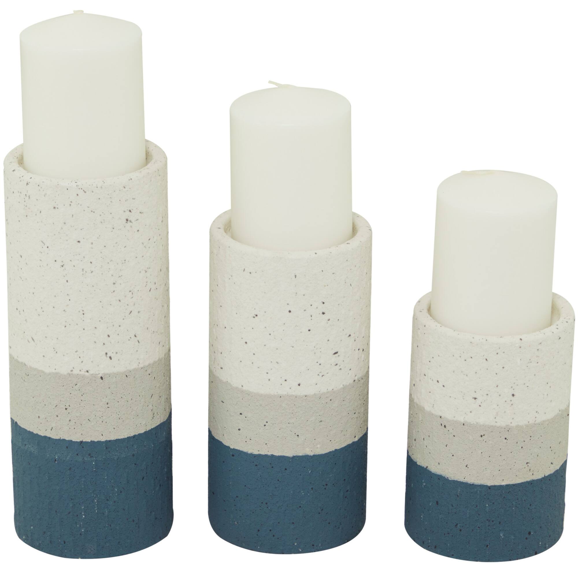 Blue Metal Striped Pillar Candle Holder Set